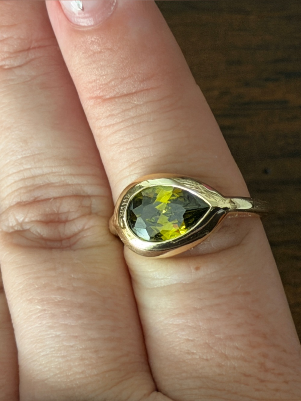 Gold Teardrop Ring with Olive Green Gemstone